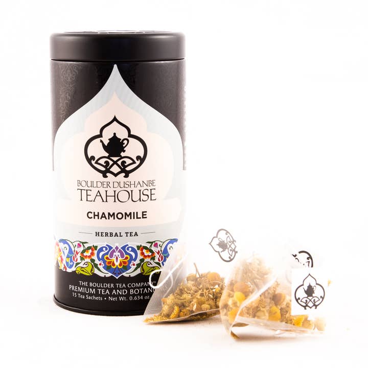 Chá de ervas orgânicas de camomila - lata de 15 saquetas de chá por atacado de Boulder Tea Company