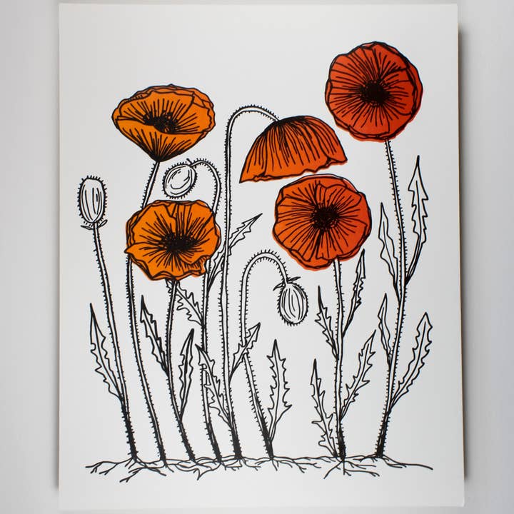 8 „" x 10"” Red Poppy Letterpress kunstdruk voor wholesale door Ratbee Press