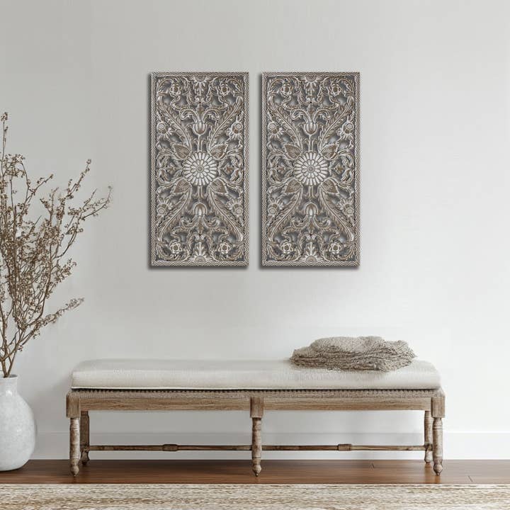 Olliix - Wholesale Wall Art Set - 2-Piece Distressed Carved Wood Wall Set, Antique Green8