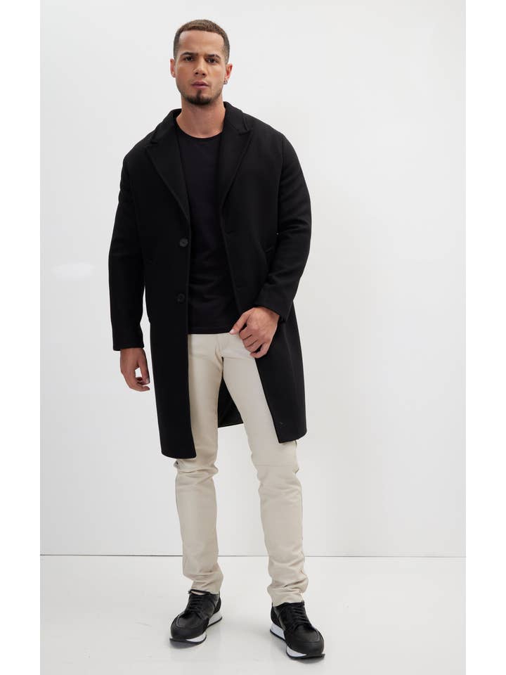 Men's Long Fitted Pea Coat With Notch Lapel - Black for wholesale on Faire
