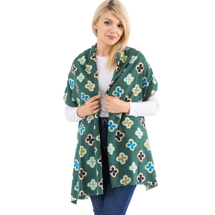 Cap Zone - Wholesale Scarf - Women's - Multicolor Clover Monogram Print Faux Cashmere Oblong Scarf