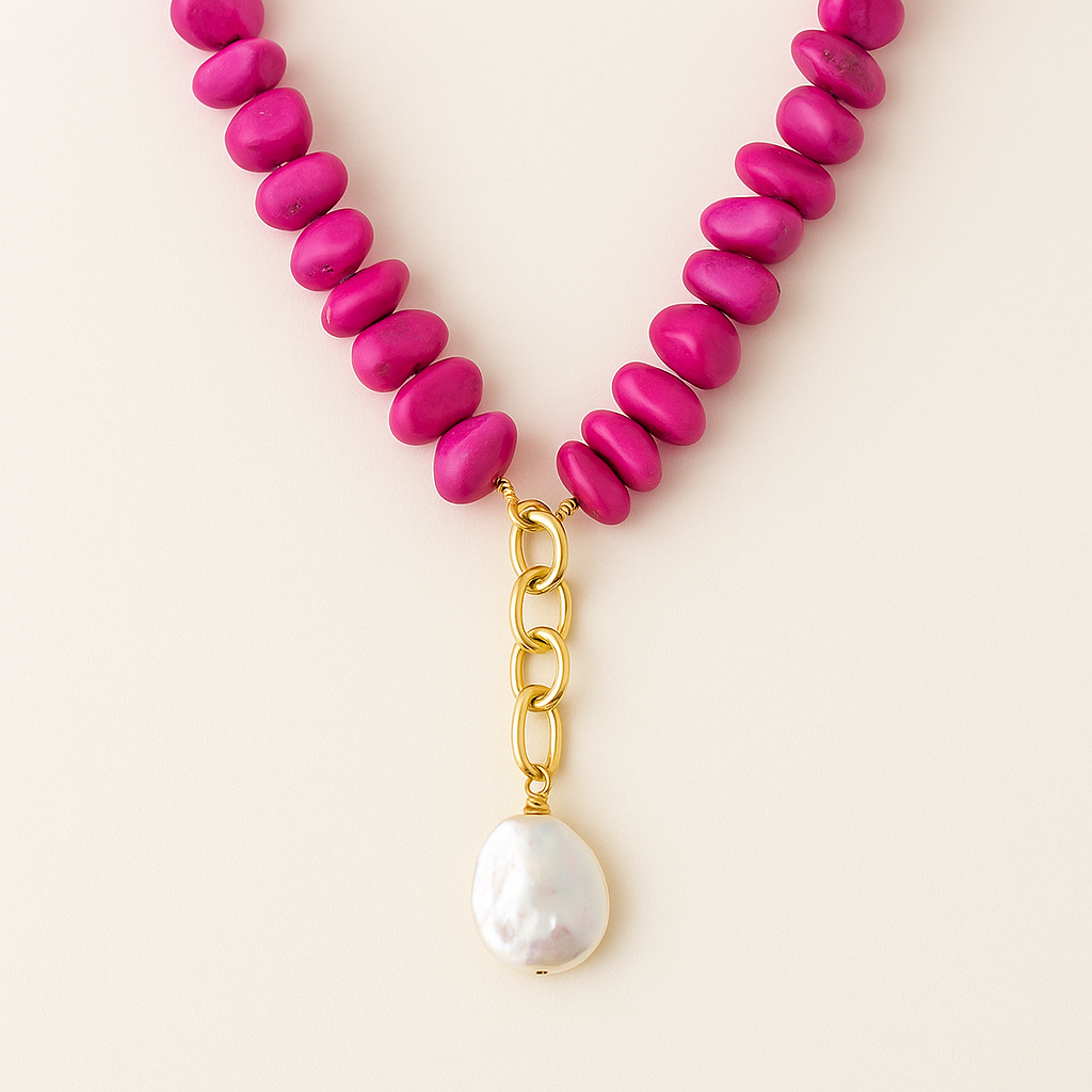 The Bling Barn - Wholesale Beaded/Pearl Necklace - Cienta Chipped Stone Necklace with Pearl FUCHSIA1