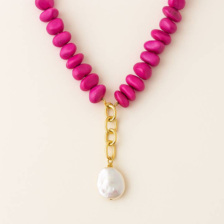 The Bling Barn - Wholesale Beaded/Pearl Necklace - Cienta Chipped Stone Necklace with Pearl FUCHSIA1