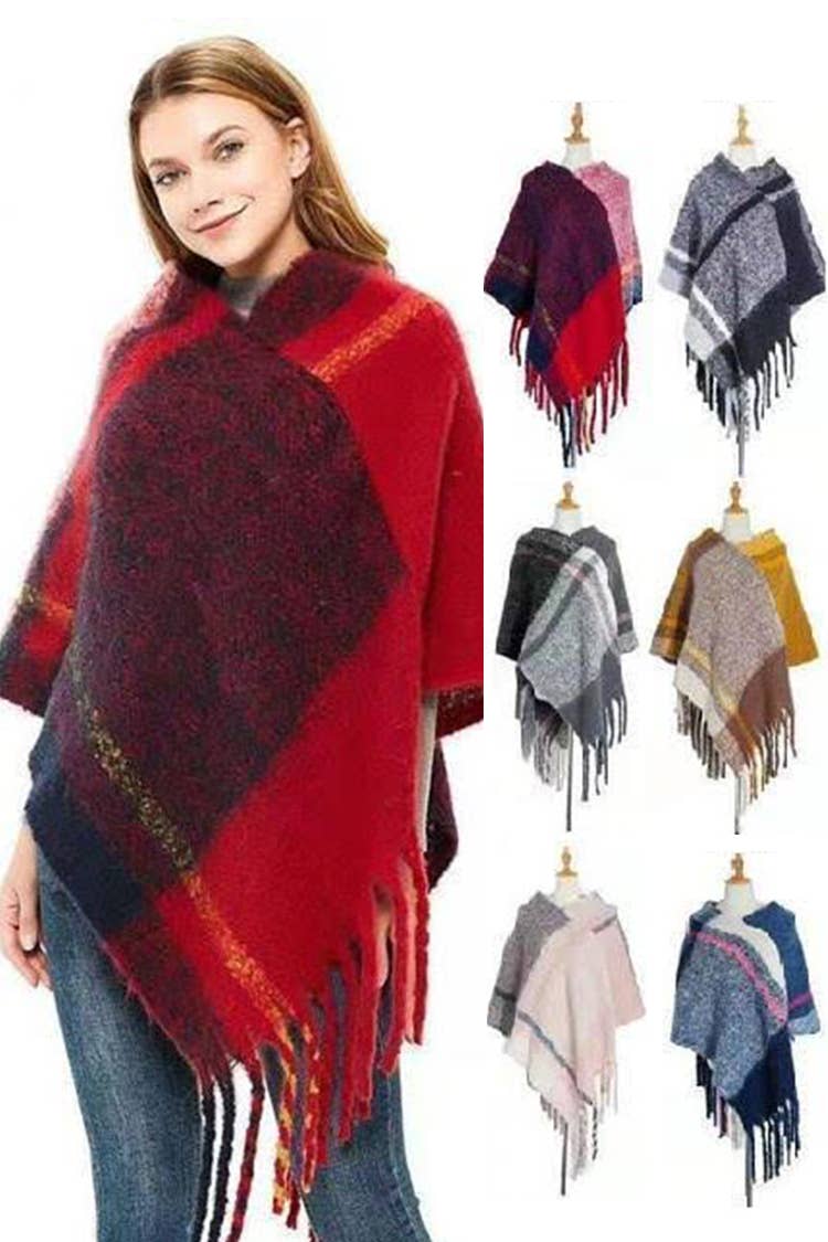 Artini Accessories - Wholesale Poncho - Women's - Soft Knit Large Plaid Design Winter Poncho Set3