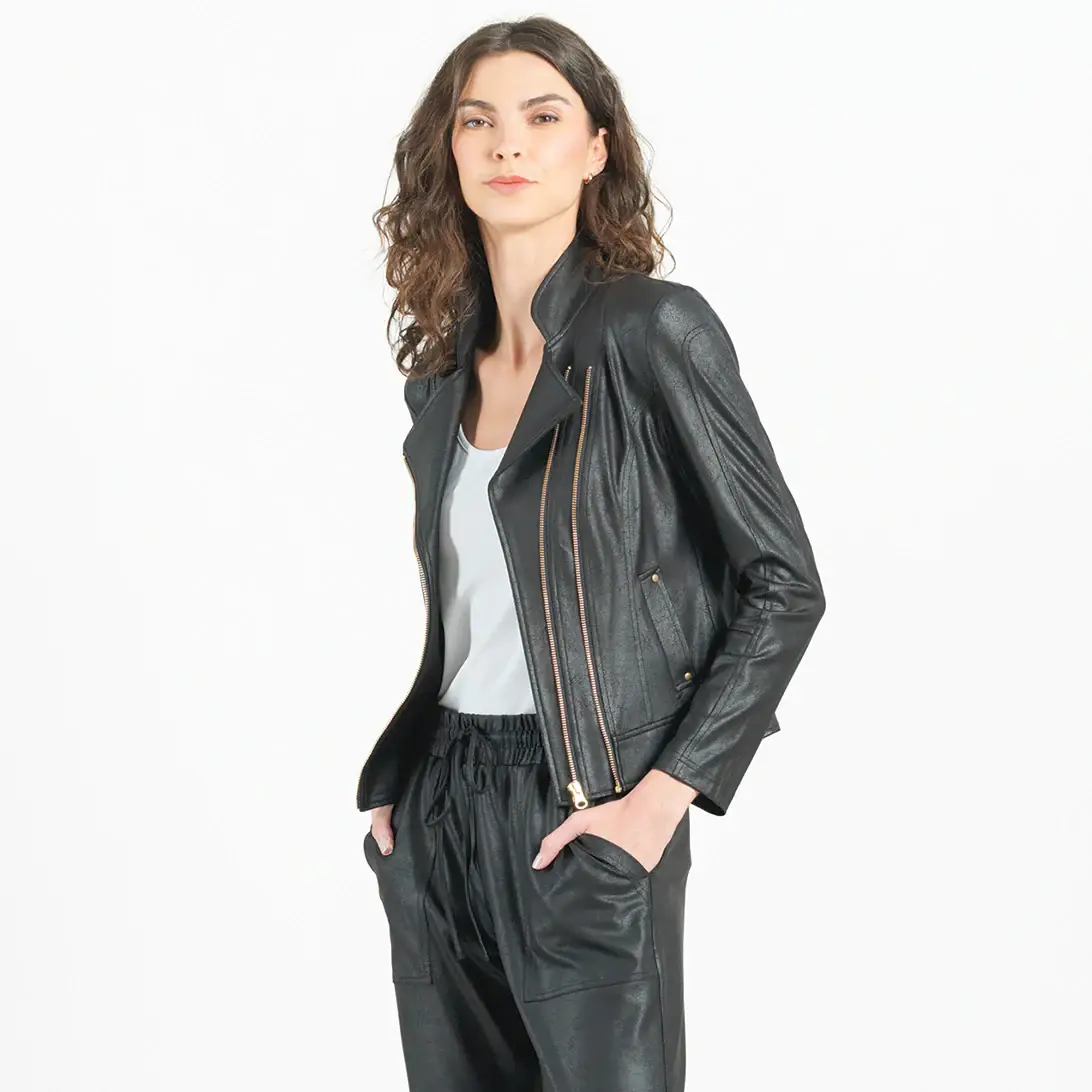 Clara Sunwoo - Vente Veste en cuir – femme - JKZ1 - Veste à double poche zippée en cuir liquide™8
