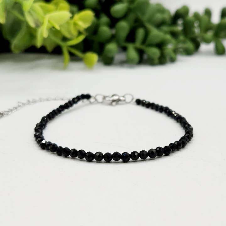 Meraki Gemstones - Wholesale Beaded Bracelet - Black Spinel Bracelet Faceted 3MM w/Silver Color Clasp1