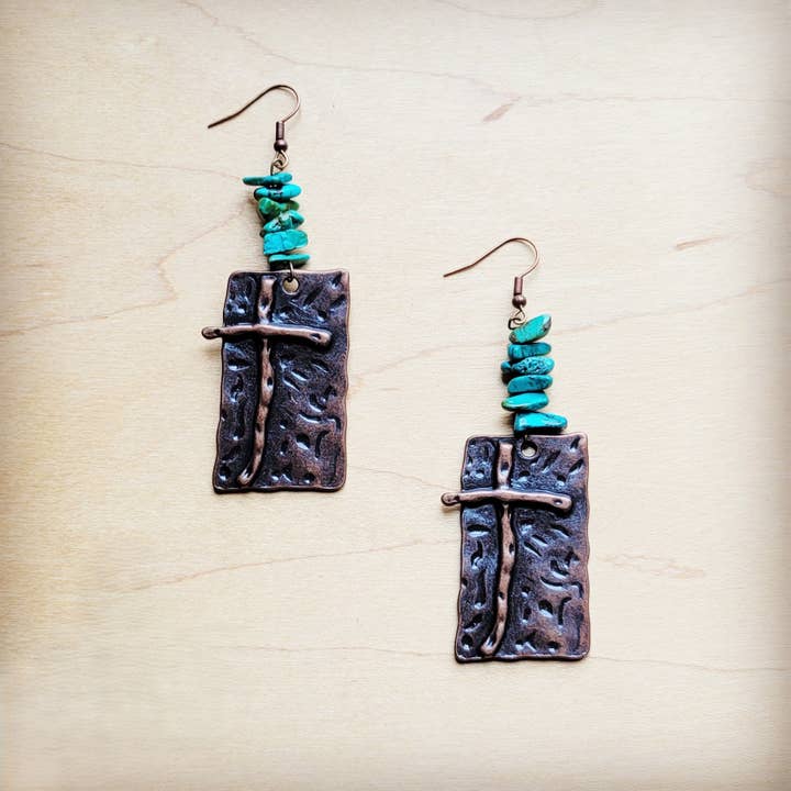 Copper Cross Earrings w/ Natural Turquoise Chunks 220n for wholesale by The Jewelry Junkie