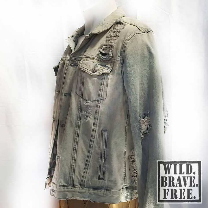 WILD. BRAVE. FREE. - Wholesale Denim Jacket - Men's - "Sky Valley" One of A Kind, Men's Denim Art Jacket (L)4