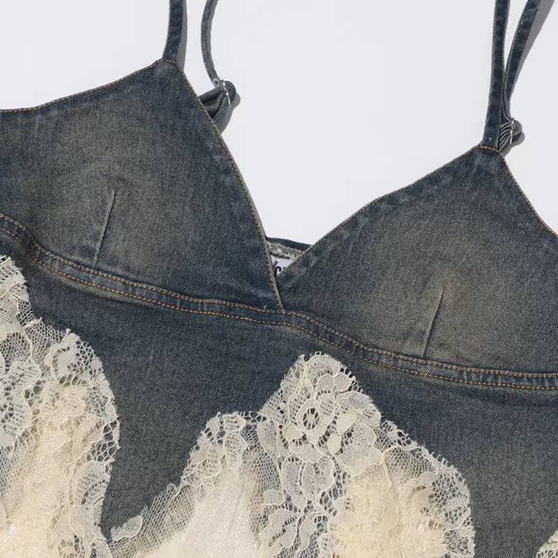 Multi Colored SET8-1 Sexy Lace Suspender Top & Denim Shorts Set for wholesale on Faire9