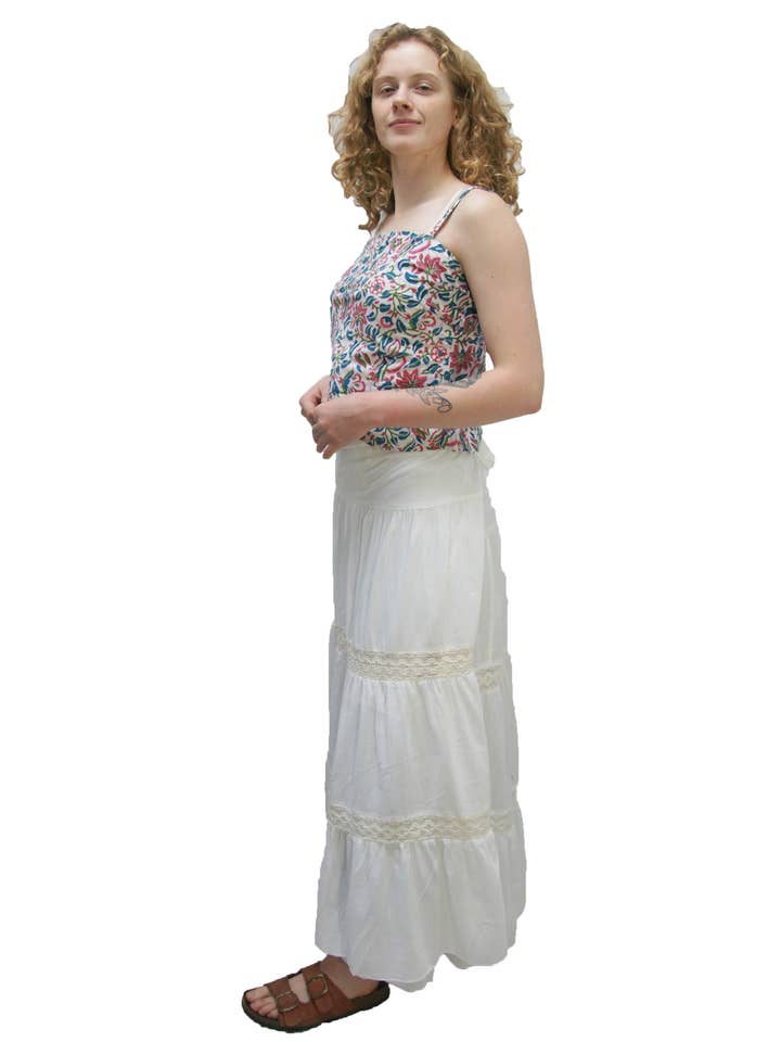 KASHI INC – Saia - Mulher por atacado – Saia comprida em crepe de algodão com renda e forro8