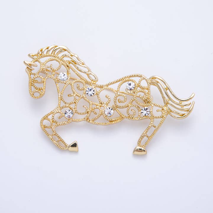 Broche Épingle Cheval Animal en Or 70mm x 42mm avec Zircon Cubique Transparent | BH-021 pour la vente par Aim Eternal