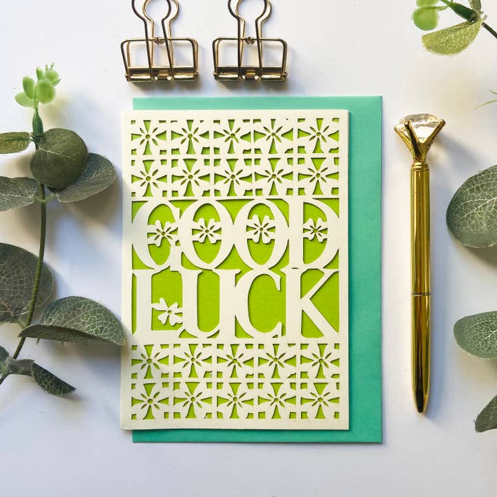 Viel Glück Karte, Vierblättriges Kleeblatt Karte, Clover Glückskarte für den Großhandel von Chow's Stories