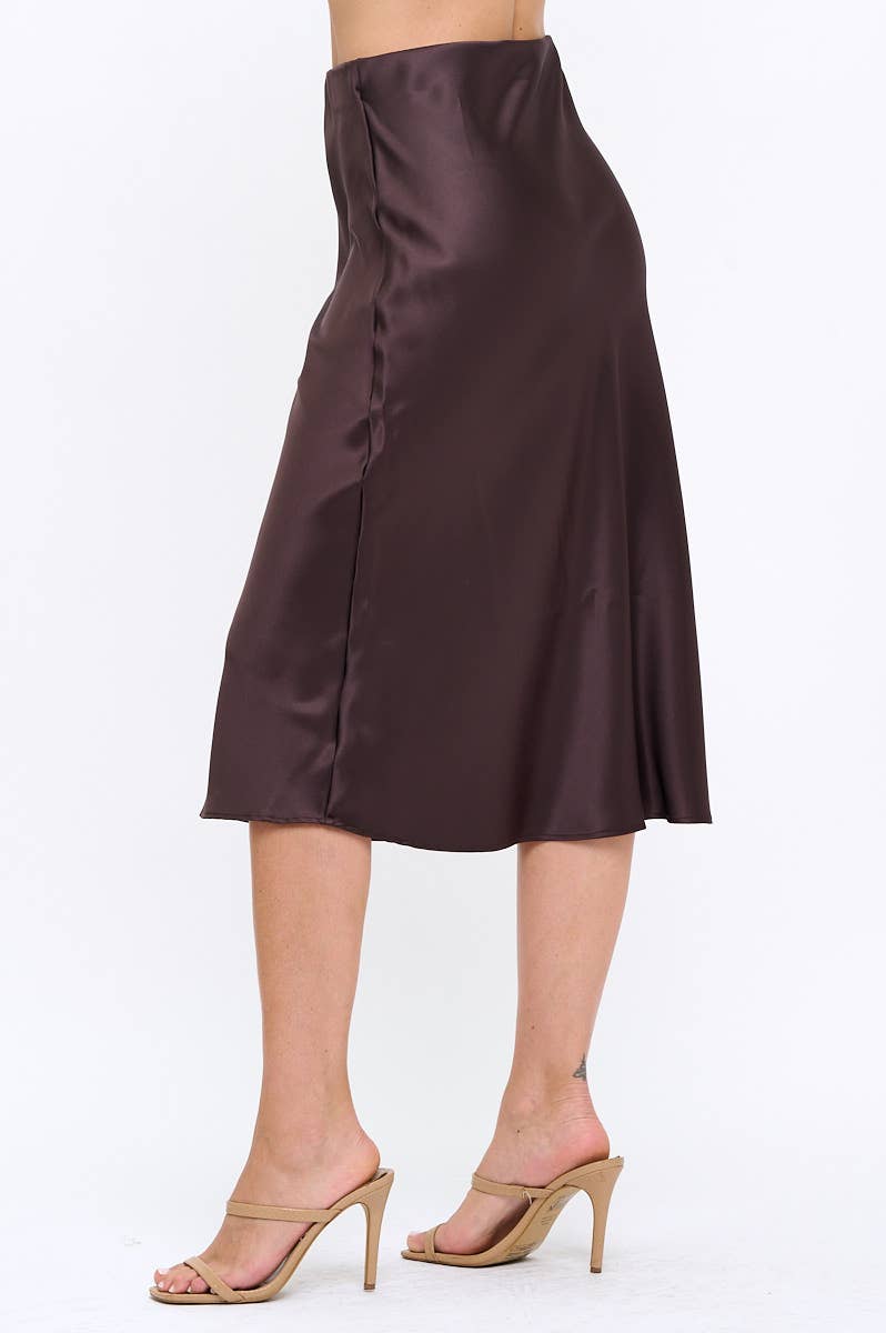 Brown Made in USA Solid Satin Midi Skirt  for wholesale on Faire2