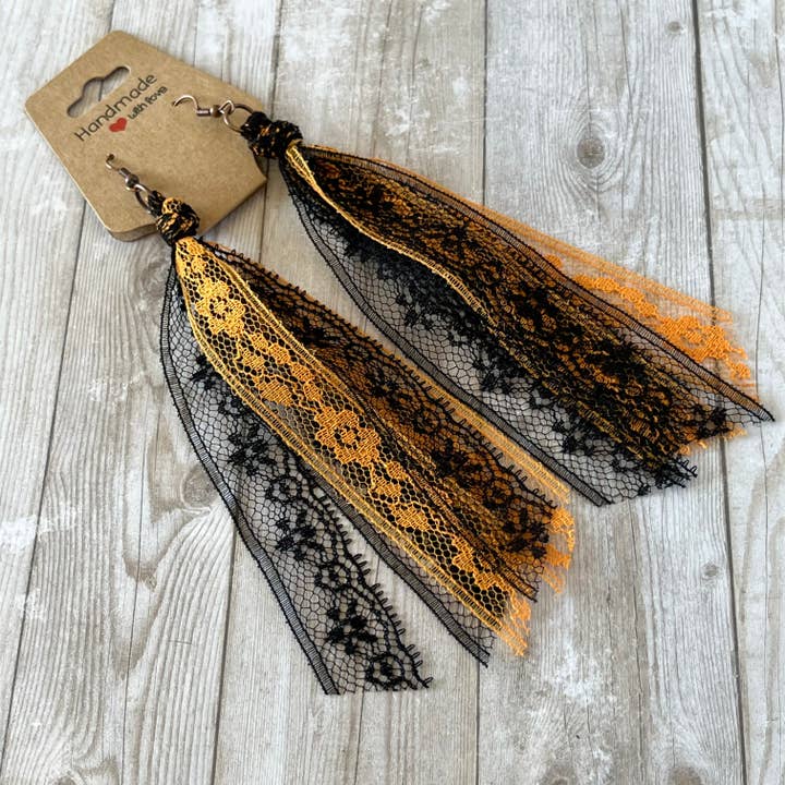 Halloween Lace Tassel Earrings Orange and Black for wholesale by Open Window Studios