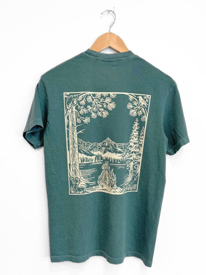 The Montana Scene - Wholesale Screen Printed T-Shirt - Unisex - Fireside Unisex Tee - Blue Spruce