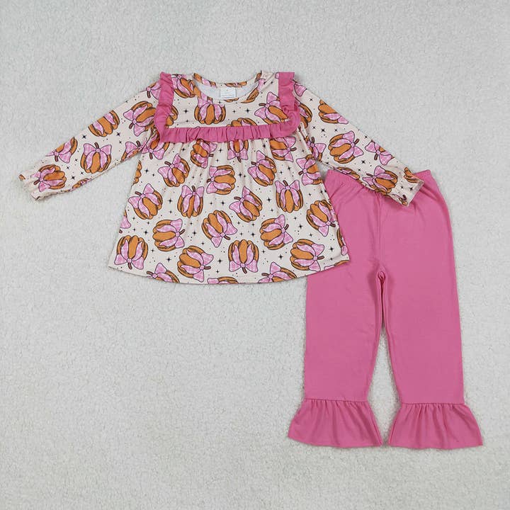 Baby Girls Fall Pink Bows Pumpkins Tunic Ruffle Pants Outfits Sets for wholesale by Aier Wholesale