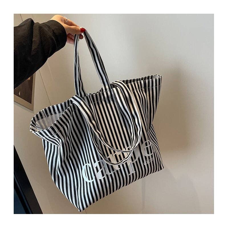 UZ Wholesale Store - Wholesale Tote Bag - Women's - Striped Letter Canvas Tote Bag with Large Capacity3