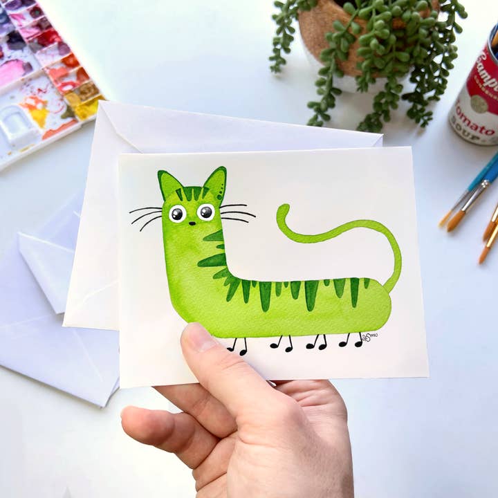 Cat Caterpillar Greeting Card – Whimsical Animal Mashup Art for wholesale by Owlfeathers Watercolor