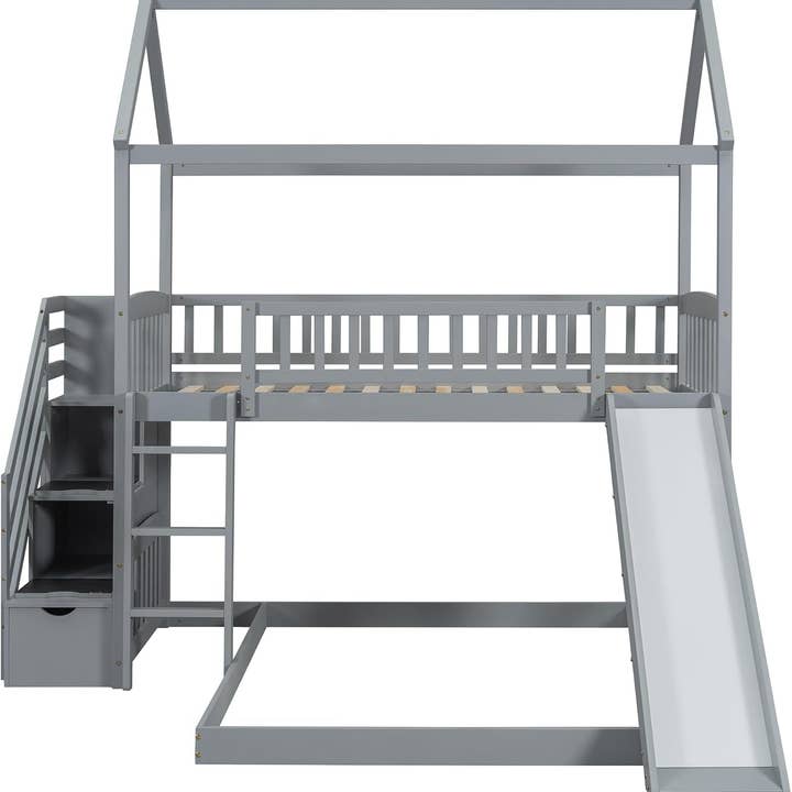 Grey Gray Twin Loft Bunk Bed With Slide And Stairs Storage for wholesale on Faire3