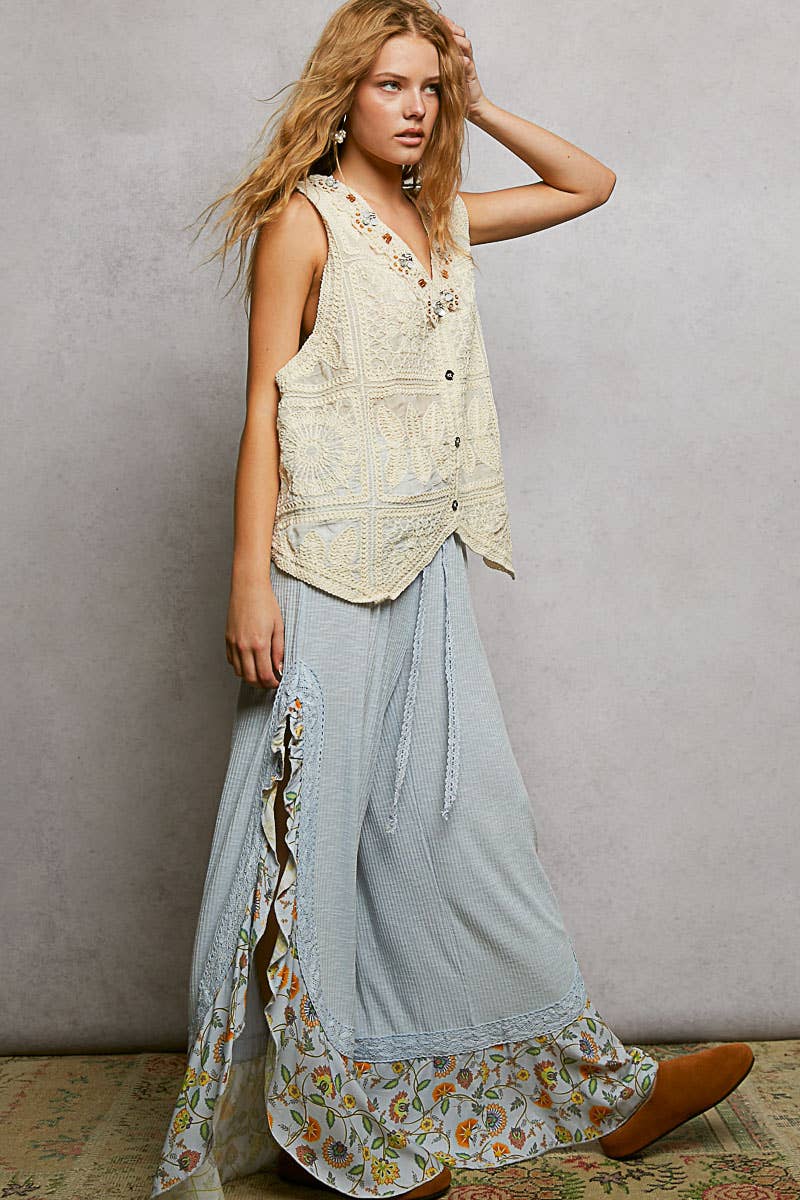 Pol Clothing - Wholesale Pants - Women's - Floral Pattern Ruffle Detail Ribbed Knit Pants6