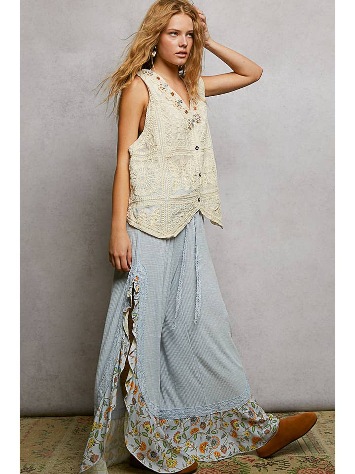 Pol Clothing - Wholesale Pants - Women's - Floral Pattern Ruffle Detail Ribbed Knit Pants6