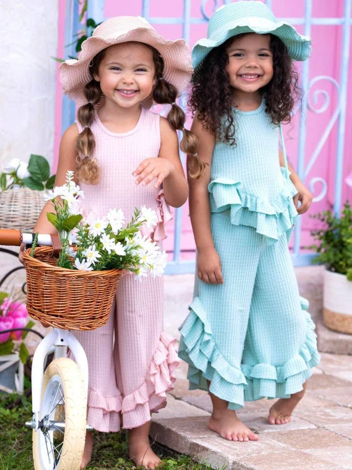 Mia Belle Girls • Wholesale - Wholesale Top & Pant Set - Kids - Pastel Ruffle Hem Top & Matching Palazzo Pant