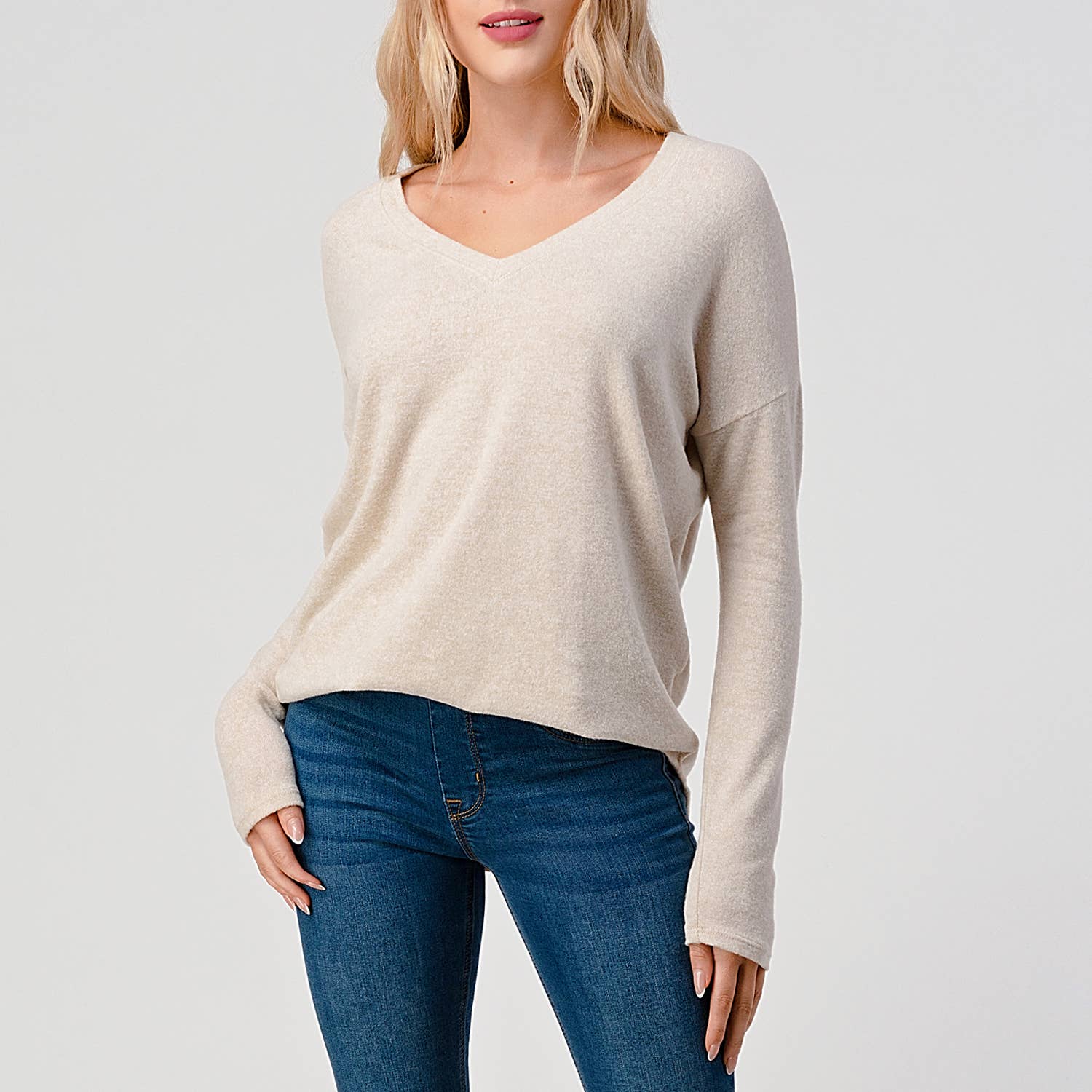 Heimious - Wholesale Knit Top - Women's - Long Sleeve V-neck Brushed Knit Top, 273879