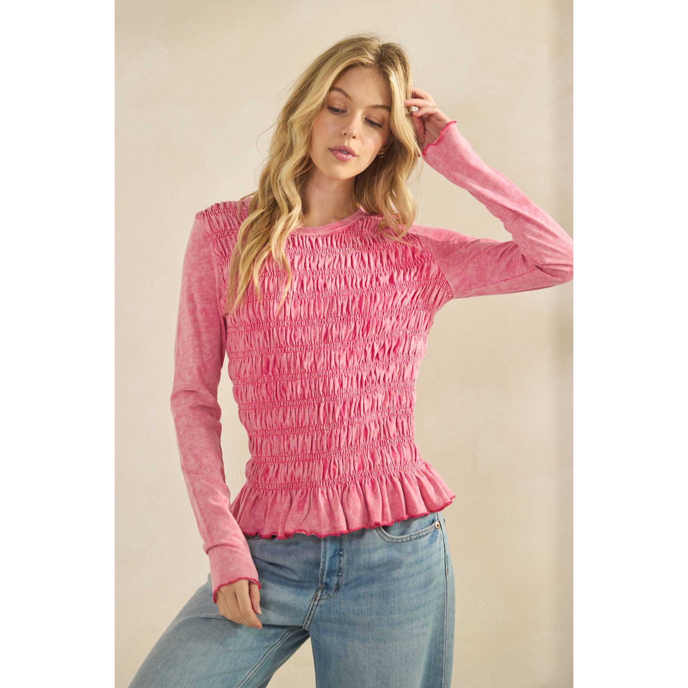 Sage + Fig - Wholesale Knit Top - Women's - SMOCKED PEPLUM LONG SLEEVE TOP (ST7986) 4