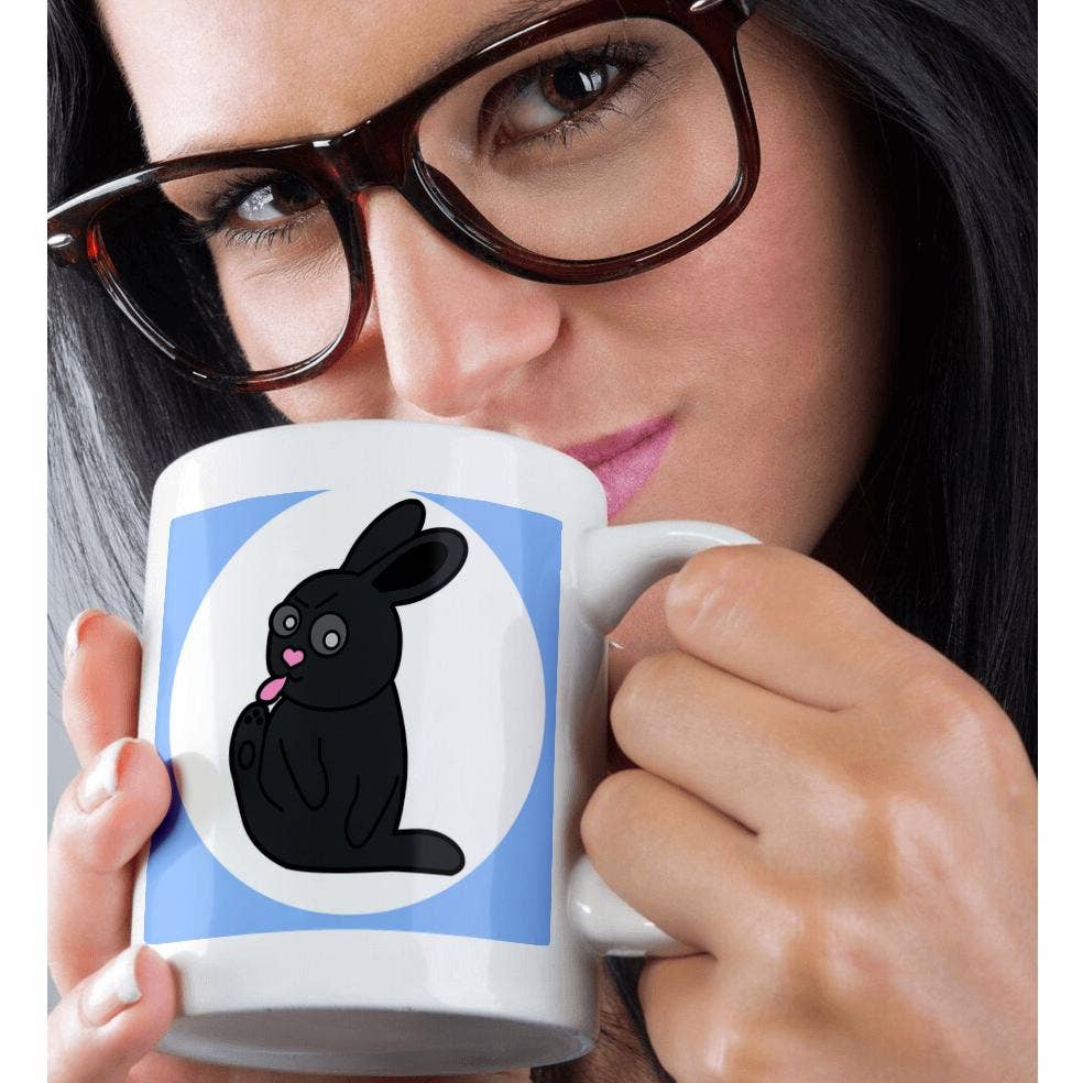 3dRose - Wholesale Coffee Mug - 3dRose, Cute Black Little Rabbit - Grumpy Bunny Cleans His Toes - Blue, Mug9