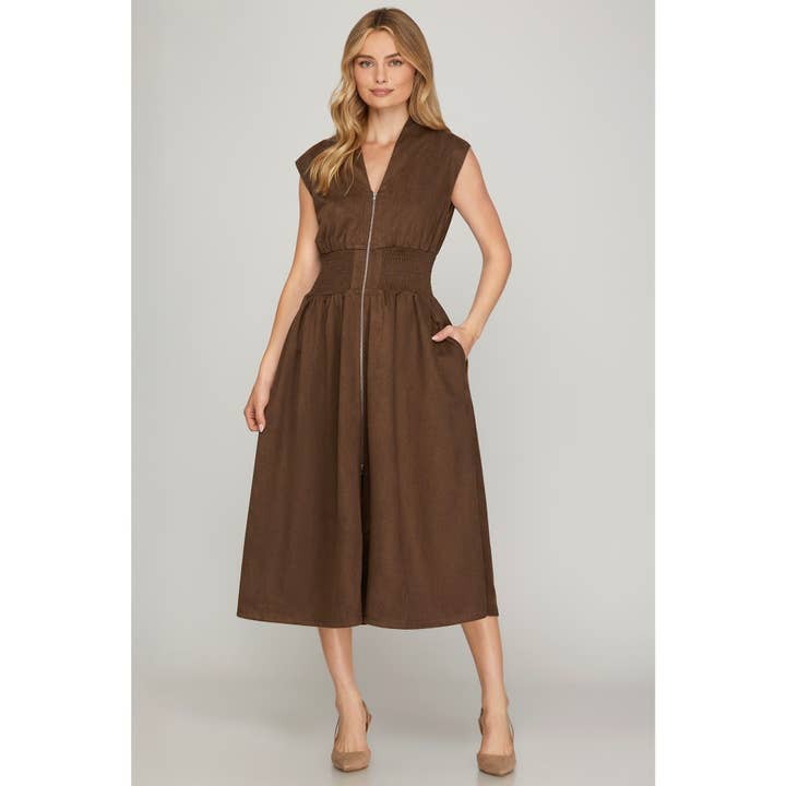 SMOCKED WAIST FRONT ZIP SUEDE MIDI DRESS for wholesale by STYLE USA