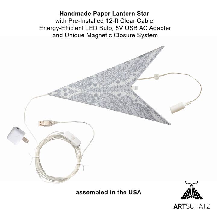 Artschatz LLC - Venta al por mayor Lámpara/farol de papel - Phoenix ~ 9P, 25" luz de estrella de papel blanco/gris