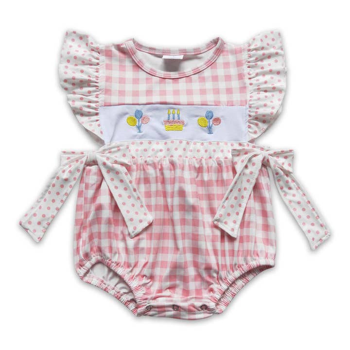 Balloon cake embroidery plaid baby girls Happy birthday romp for wholesale by Yawoo Garments