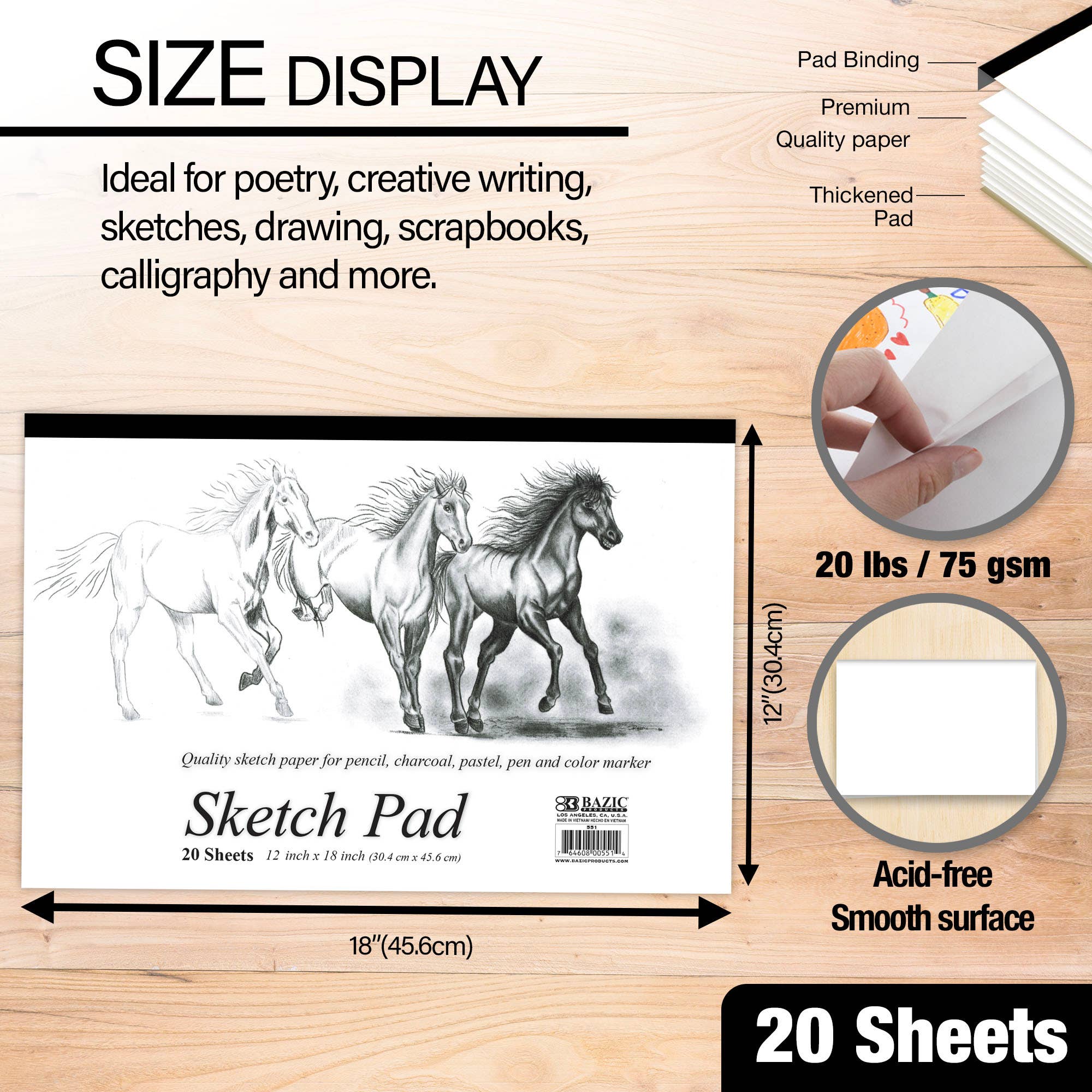 BAZIC Products - Wholesale Sketchbook/Sketchpad - Sketch Pad 18"X 12"(20 Ct.)1