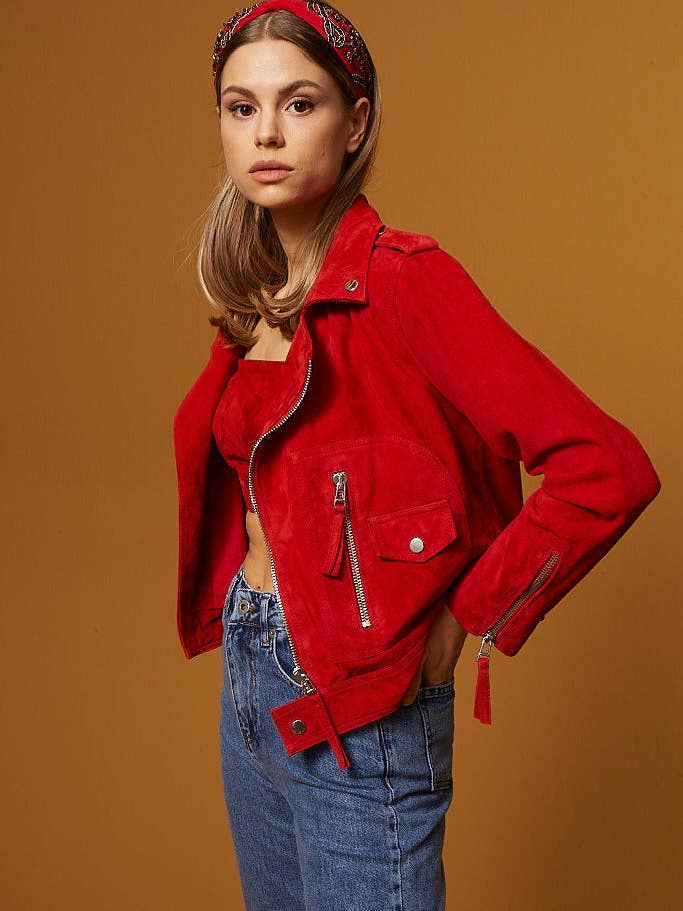 Veste en daim pour motard – Rouge pour la vente par DUE2store