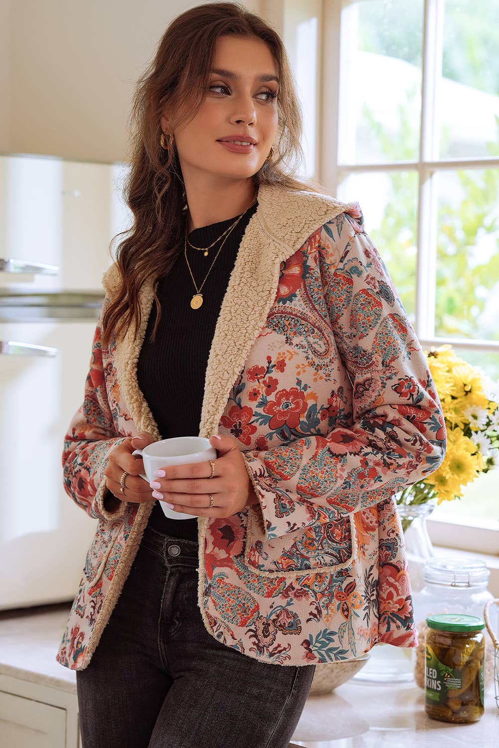 As Shown Vintage Paisley Floral Printed Sherpa Lined Hooded Jacket for wholesale on Faire2