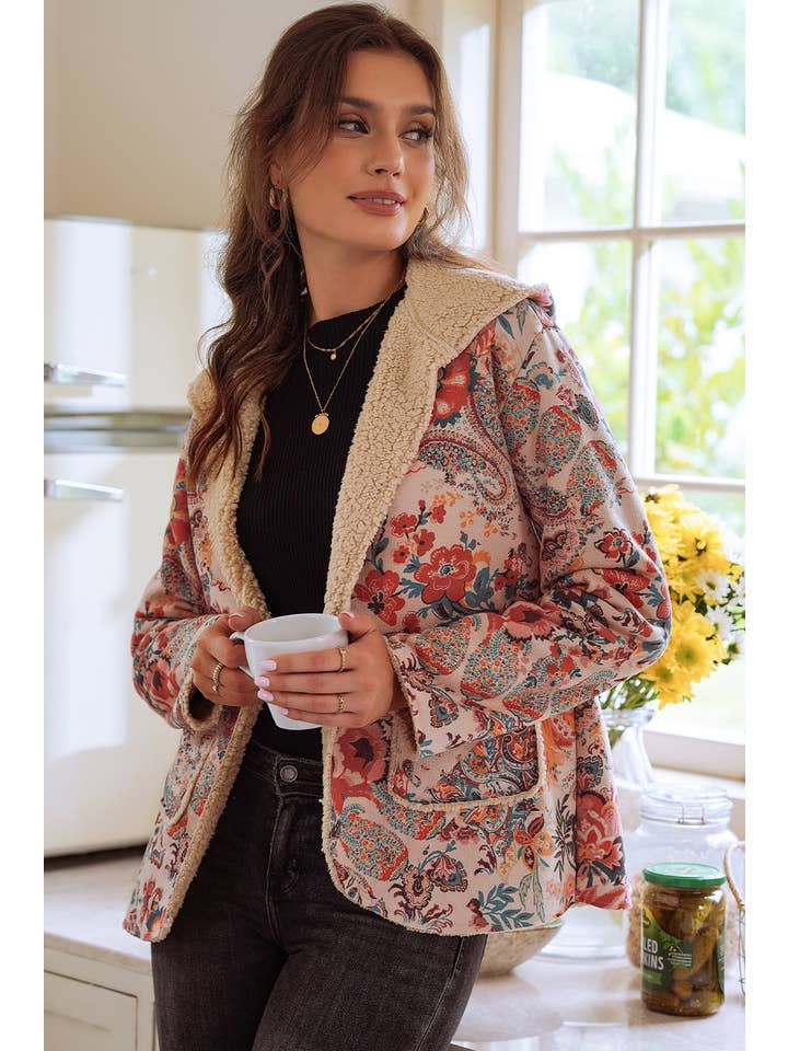 As Shown Vintage Paisley Floral Printed Sherpa Lined Hooded Jacket for wholesale on Faire2