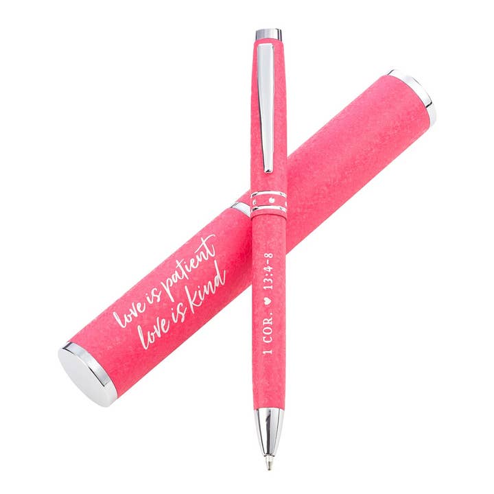 Pen in Case Pink Love 1 Cor. 13:4-8 for wholesale by Christian Art Gifts