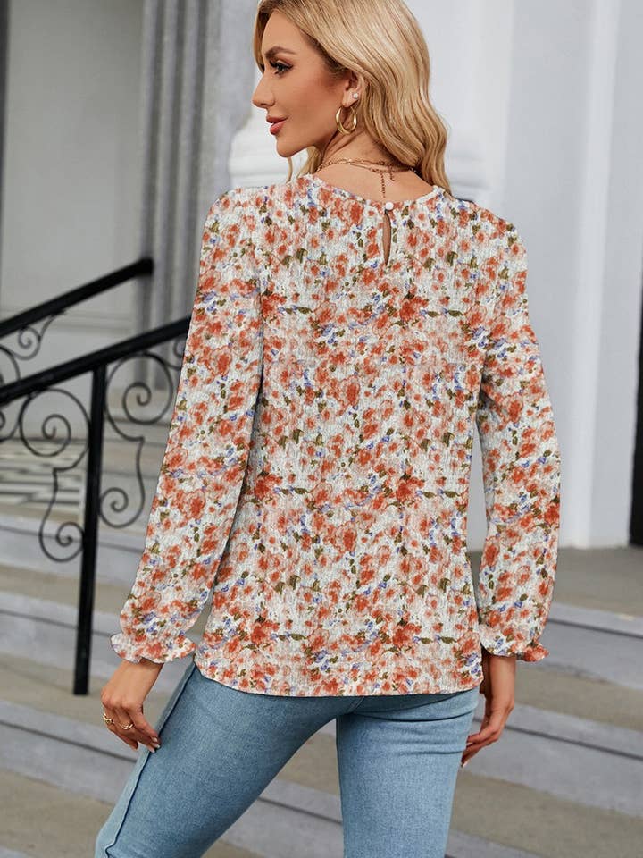Lily Clothing - Wholesale Blouse - Women's - CWTBLL0196_WOMEN FLORAL RUFFLE SLEEVE ROUND NECK FALL BLOUSE4