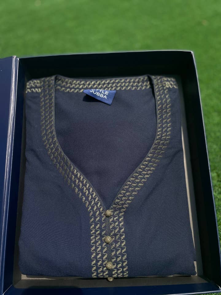 Túnica maghribi de manga 3/4 para hombre, azul marino con bordado en oliva para venta al por mayor de MY LITTLE JUBBA