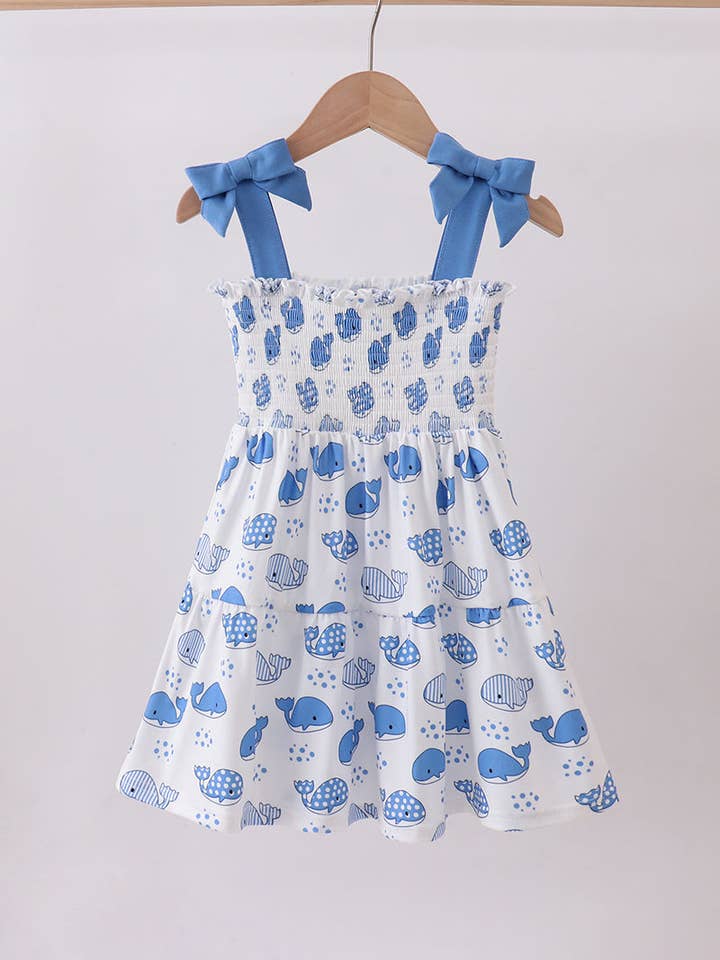Aspen Rain Boutique - Wholesale Mommy & Me Sets - Blue whale smocked ruffle mom&me dress