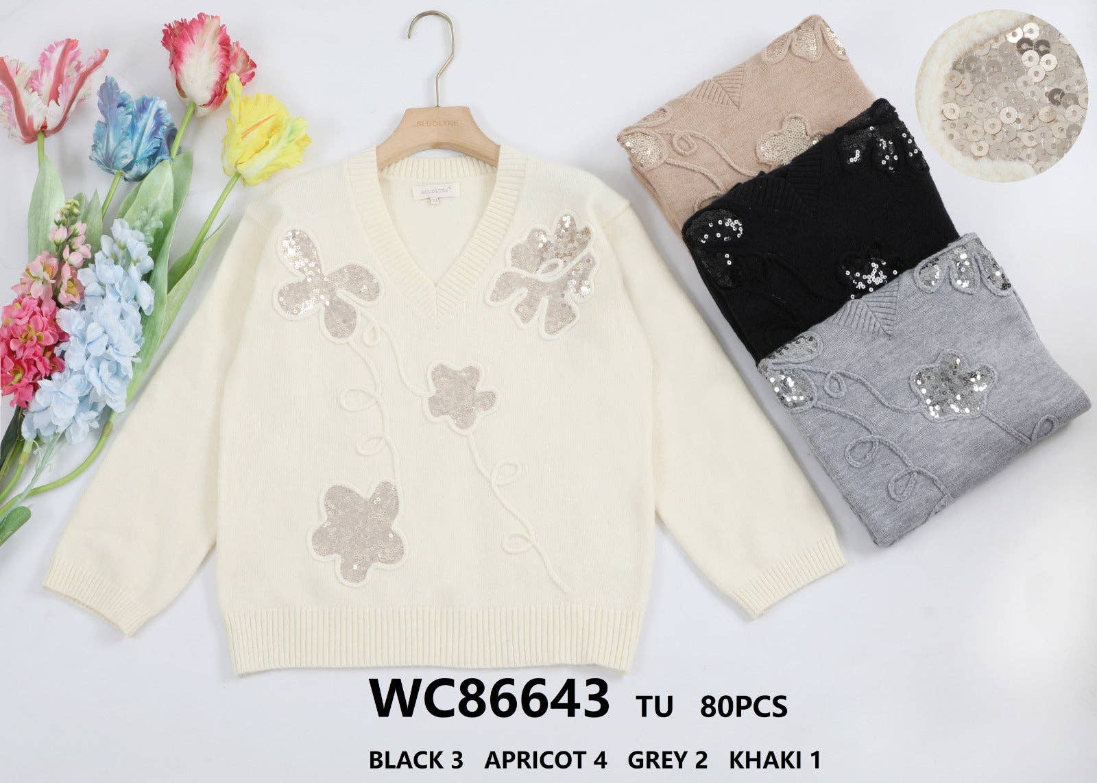 Kurt Muller - Wholesale Knit Sweater - Women's - Sequin floral V Knit3