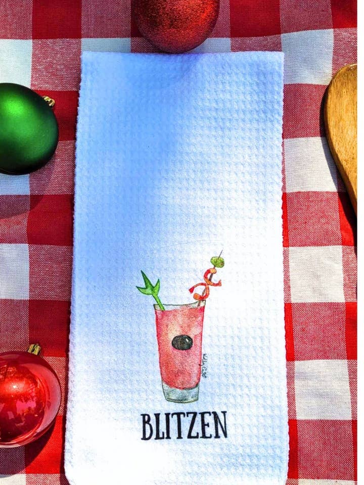 Christmas Tea Towel. "Blitzen" the Bloody Mary. for wholesale by Kelly Airhart Studios
