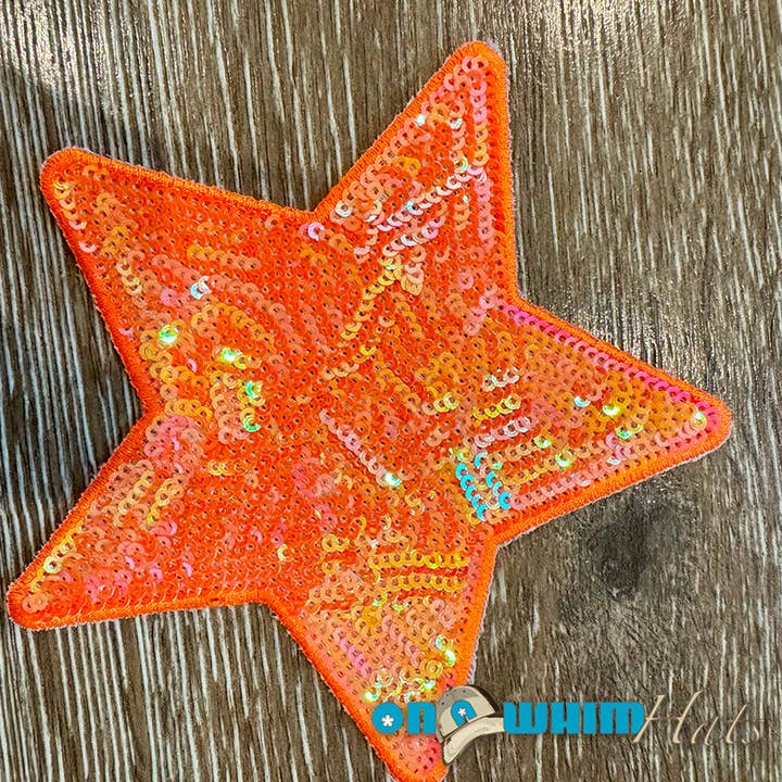 Grote oranje pailletten ster strijkapplicatie voor wholesale door On a Whim Hats