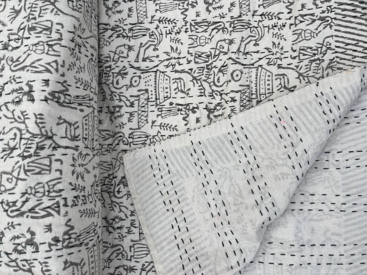 Bhawana Handicrafts - Wholesale Quilt - White Indian Cotton Kantha Stitch Quilt Bed Throw Bedspread 6