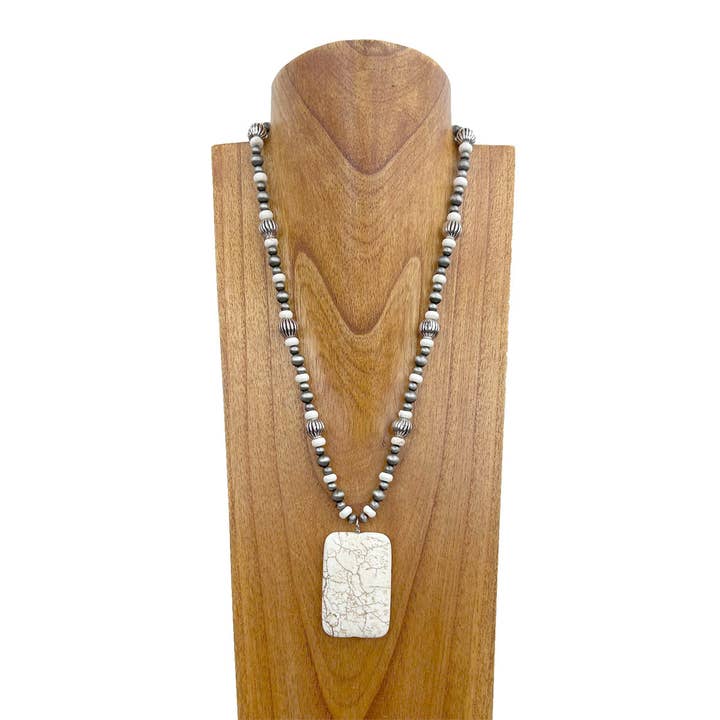 NKZ240706-04 24 inches Silver Navajo pearl and white turquoise stone beads with large rectangle white turquoise stone pendant necklace for wholesale by Western Elite Jewelry