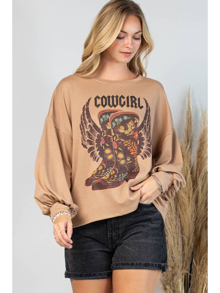 Mocha AV1171-ALEX COWGIRL BOOTS GRAPHIC SWEATSHIRT for wholesale on Faire4