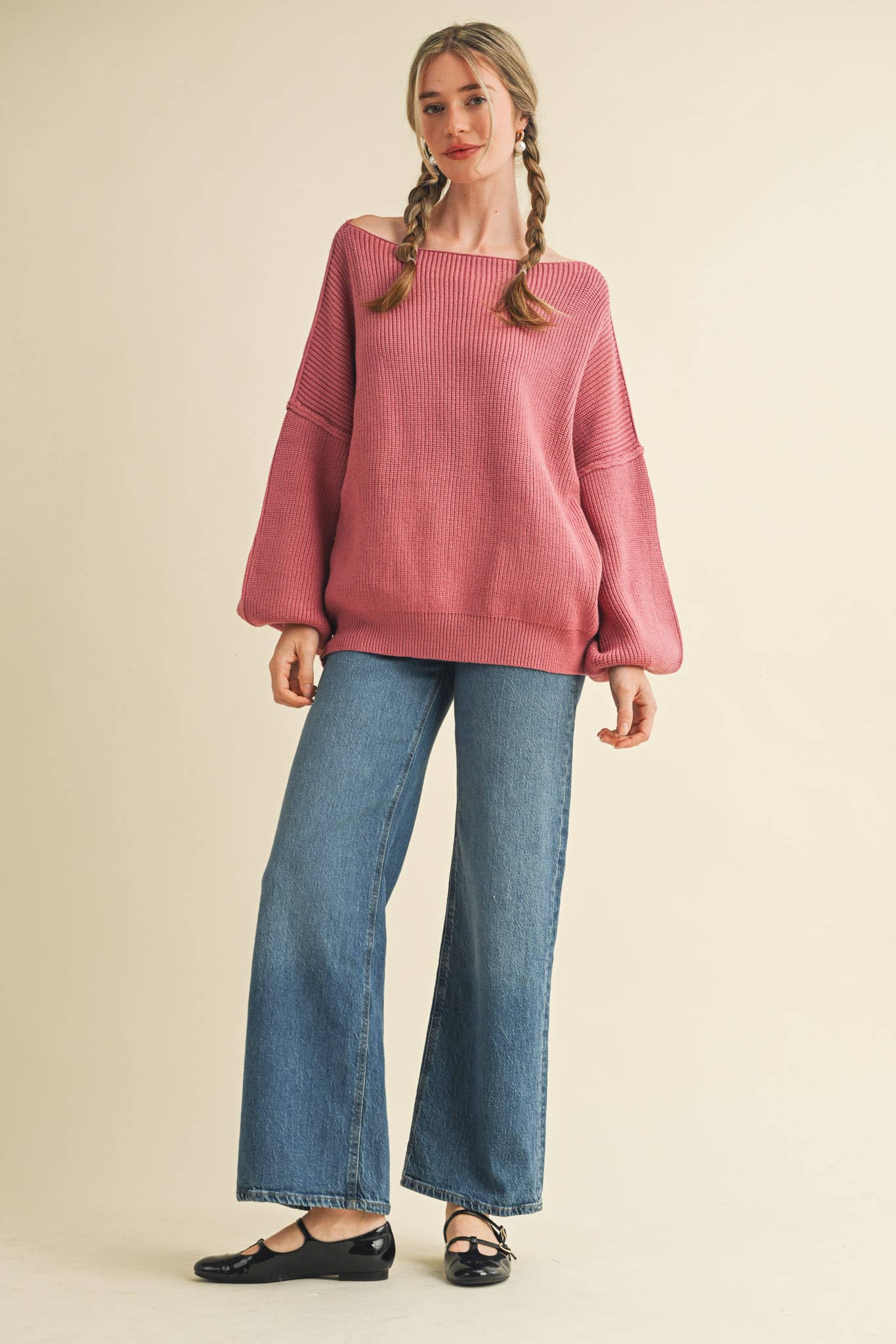 &MERCI - Wholesale Knit Sweater - Women's - BOAT NECK BUBBLE SLEEVE SWEATER MSW814759