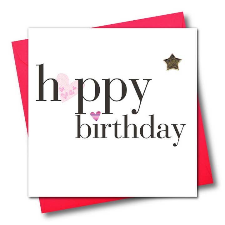 Verjaardagskaart, Harten, Gelukkige Verjaardag, Gewatteerde ster verfraaid voor wholesale door Claire Giles Ltd