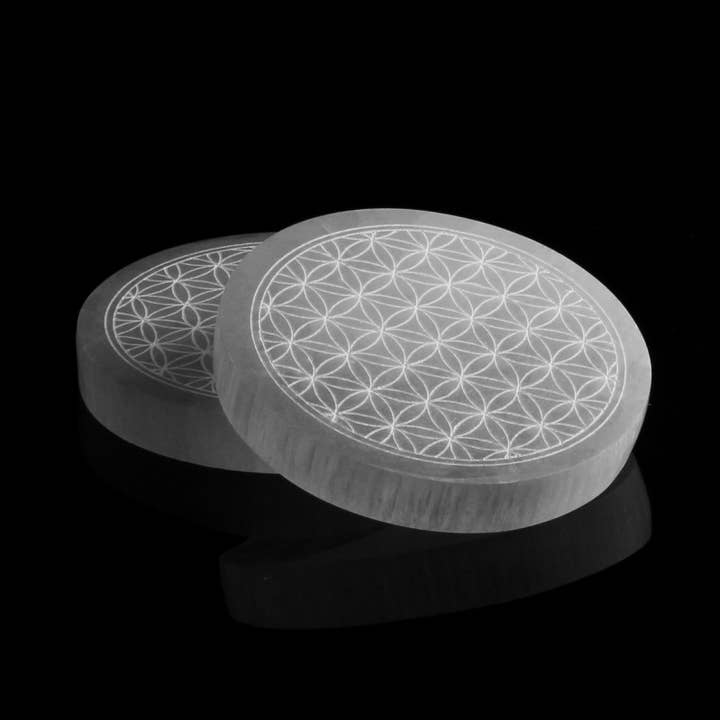 Selenite disc engraved with Flower of Life, 10 cm for wholesale by UniArt