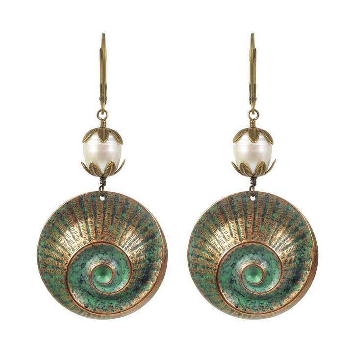 Tropical Vacation: Ammonite Spiral Shell and Pearl Earrings for wholesale by NoMonet
